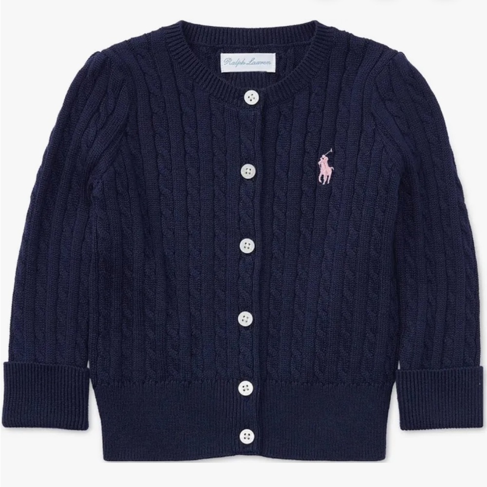 Ralph Lauren Navy Cable-Knit Kids Sweater with Pink Logo